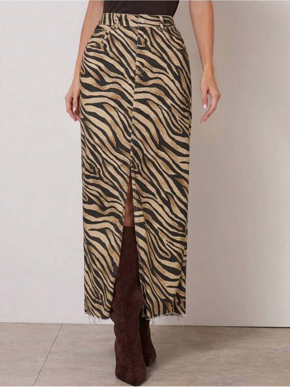 Zebra Print Front-Slit Maxi Skirt - Black & Tan